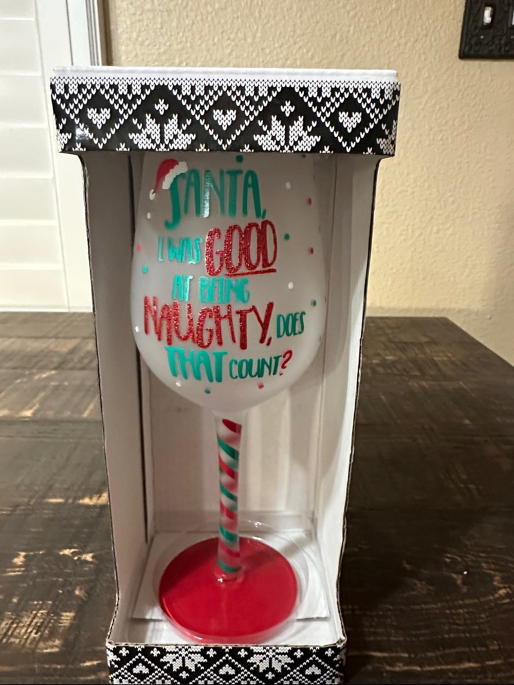 Holiday Wine Glass - White with Red & Teal Candy-Striped Stem